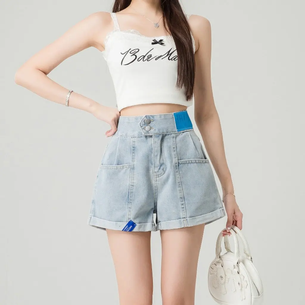 

Синие джинсовые шорты больших размеров с высокой талией, ленивый стиль, летний дизайн, свободные укороченные широкие афро-брюки с двойной пряжкой для женщин