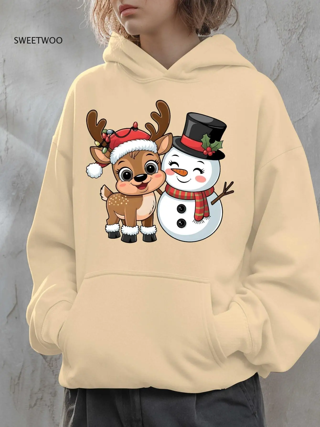

Women's Christmas Elk & Santa Claus Hooded Sweatshirt - Cozy Winter Warmth with Pockets, Soft Casual for Holiday Gifts