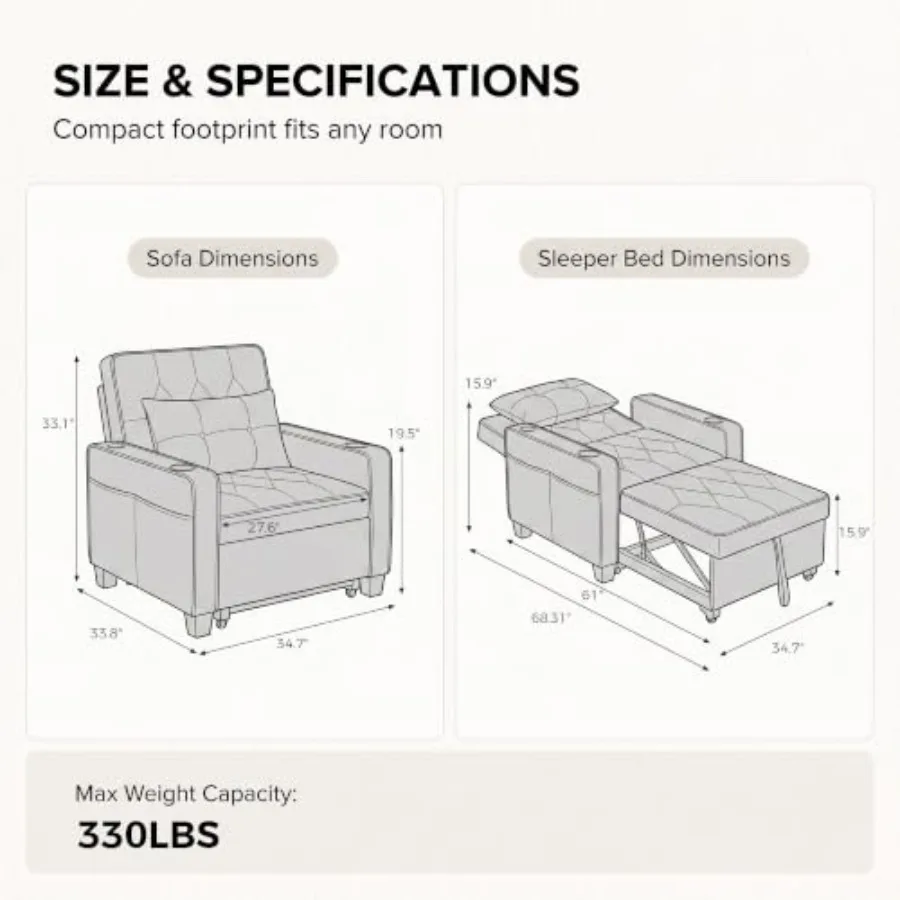 Convertible Sleeper Chair Bed Fold-Out Futon Sofa Bed for Living Room, Gray, Space-Saving Design with Comfortable Memory Foam C
