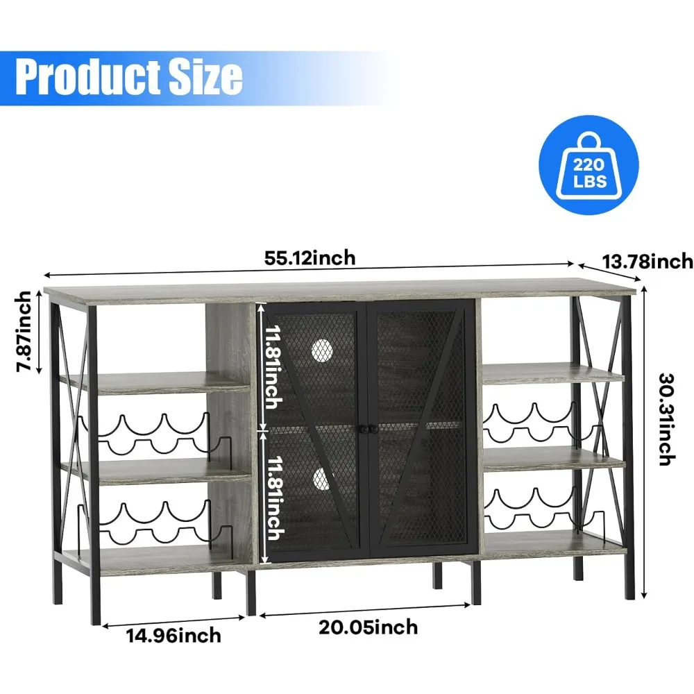 ガーヴィ ファームハウス ワインバーキャビネット（ワインラックとグラスホルダー付き）、素朴なLEDライト付きコーヒーバー、メタルサイドボードとリキュール収納