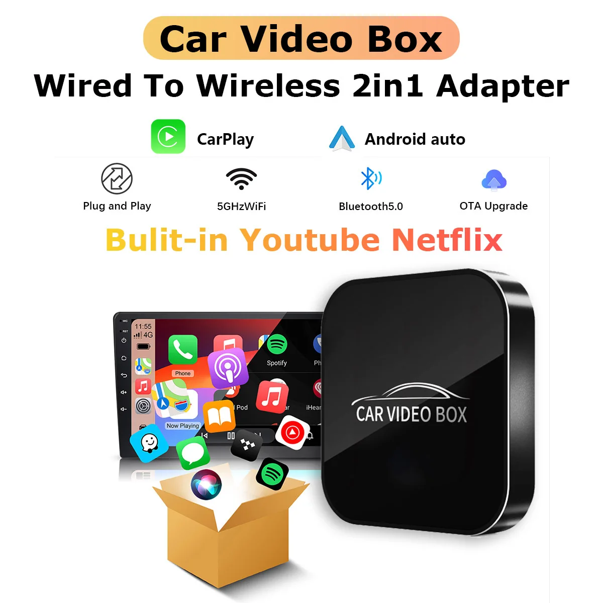 Android 12 Car Video Box Wireless Carplay&Android Auto Adapter Car Intelligent System CarPlay AI Box WIFI For Netflix Youtube