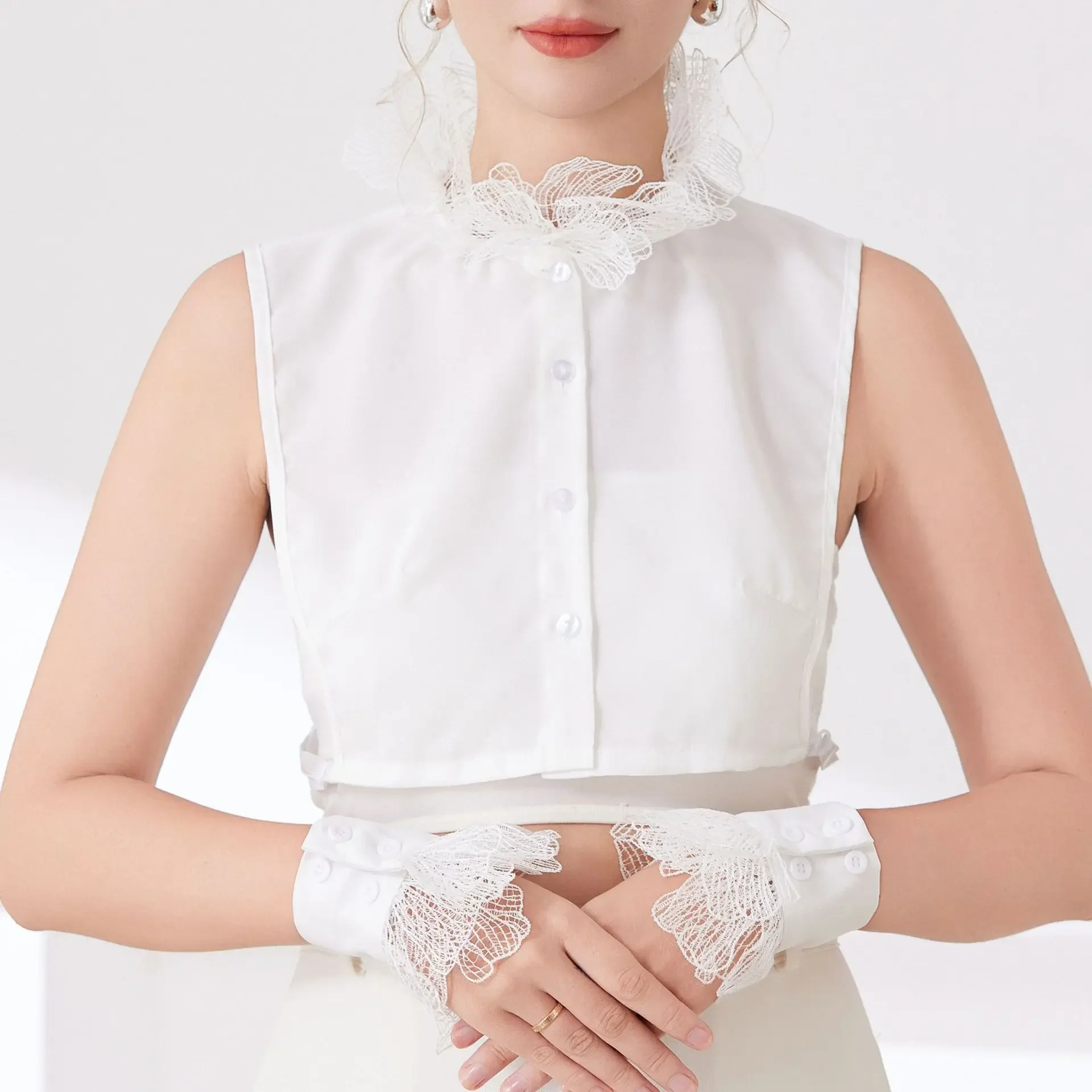 Women's Lace Petal Layered Stand Collar Faux Collar with Short Sleeves Set for Top Decorative