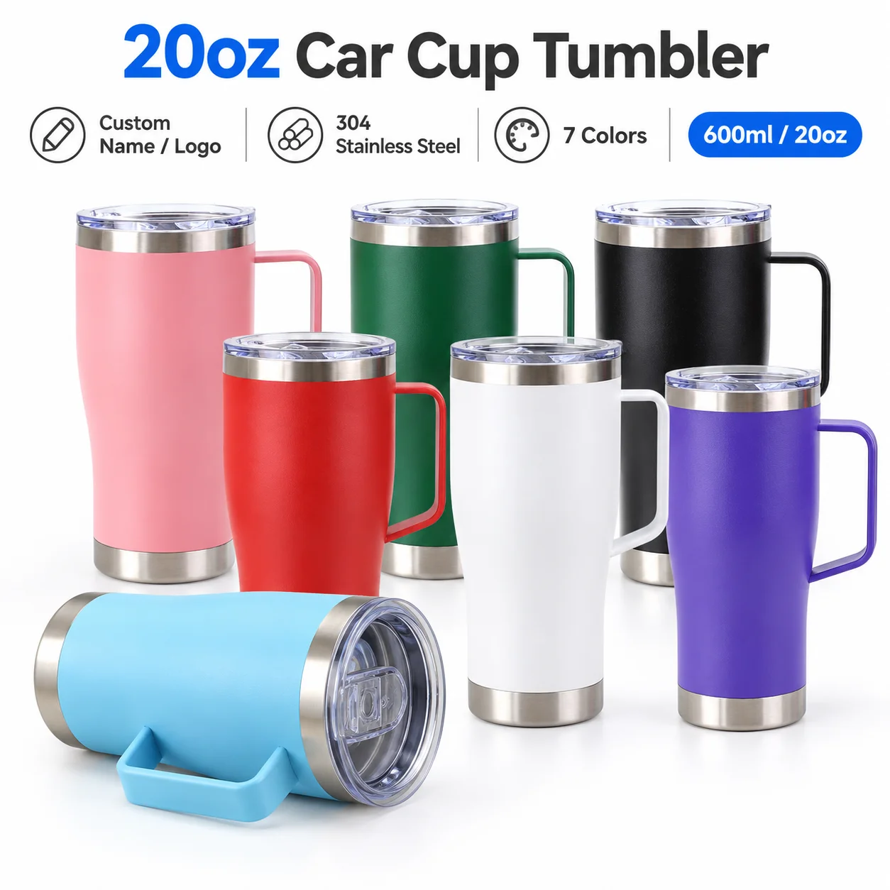 Custom 20oz Stainless Steel Tumbler With Handle Personalized Name Logo Insulated Travel Cup Car Holder Sports Water Bottle Gift
