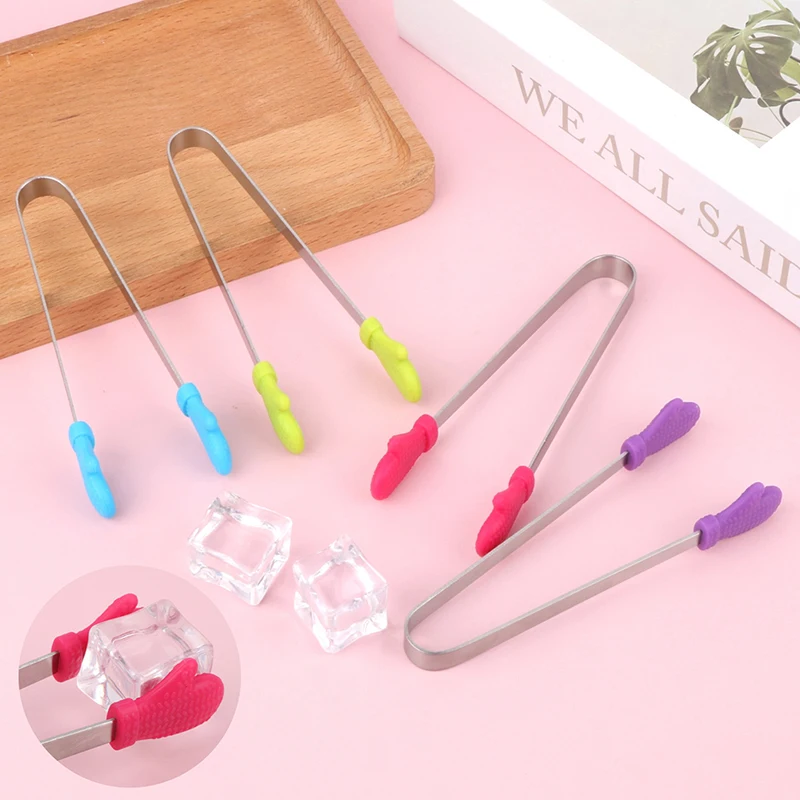 1Pc Silicone Food Tongs Gloves-shaped Stainless Steel Non-slip Kitchen Utensil Ice Candy Food Clip Mini Ice CubesTongs