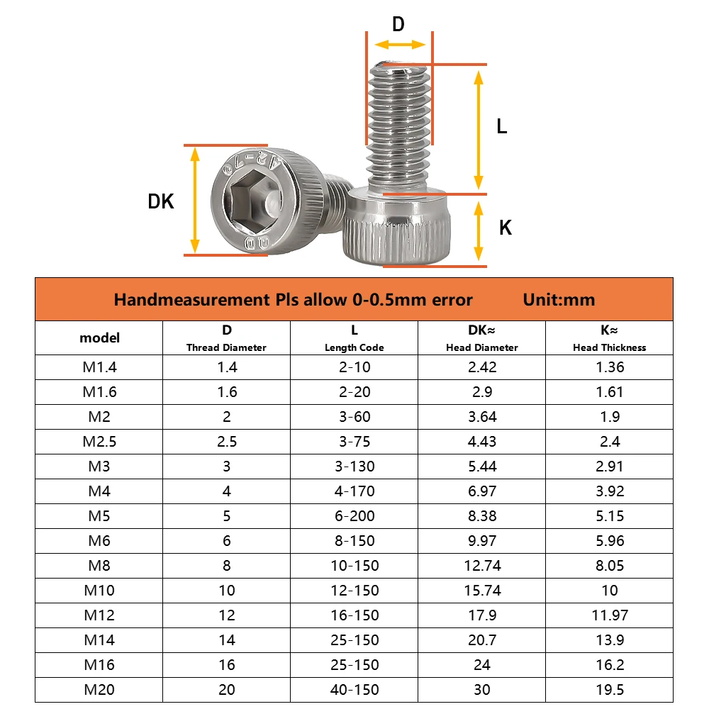 M2 M2.5 M3 M4 M5 M6 M8 Hex Socket Head Cap Screw Bolt DIN912 Hexagon Thread Machine Allen Bolt 304 Stainless Steel 12.9 Class image 2