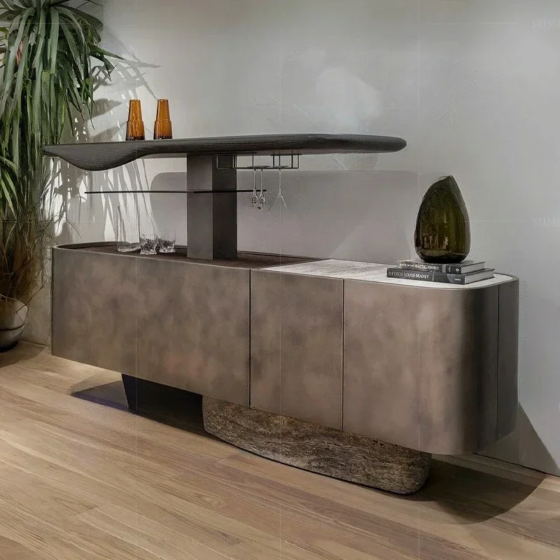 Lifting side cabinet, light luxury and high-end feeling against the wall, family villa marble, storage wine cabinet