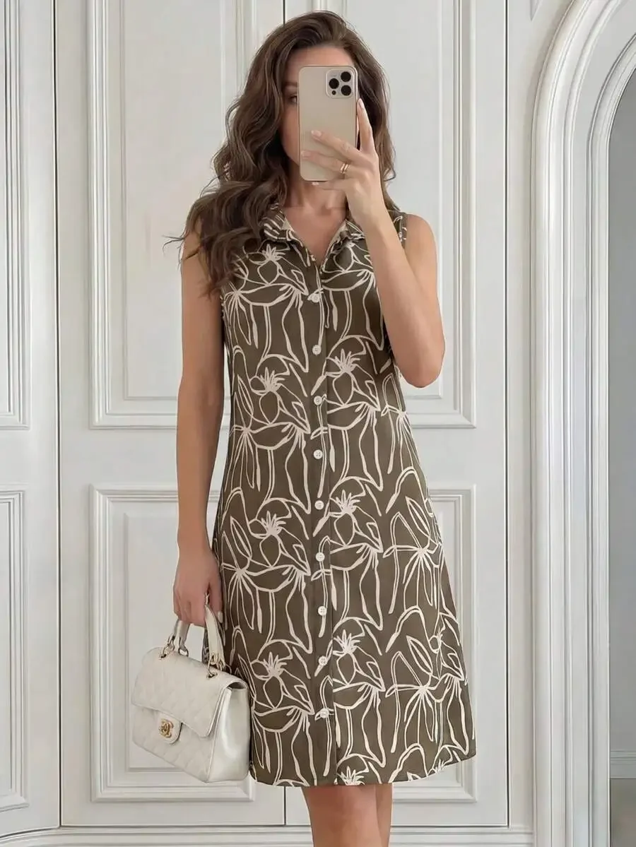 Women Olive Green Floral Print Front Button Sleeveless Short Dress, Summer Boho Holiday Vacation Casual Modest Old Money Style