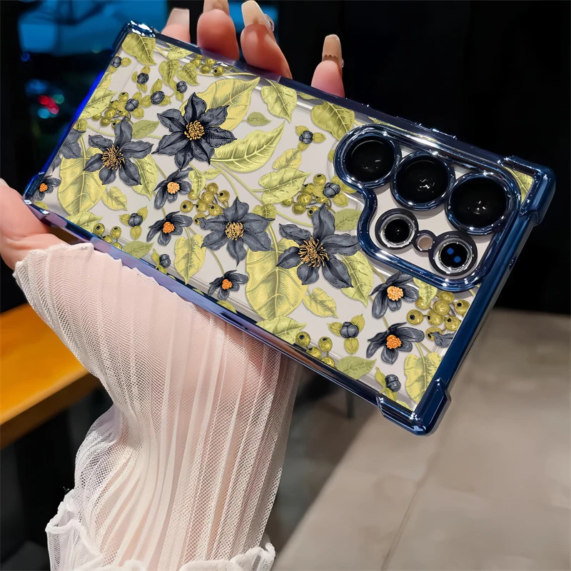 Painting Flowers Phone Case For Samsung Galaxy S23 Ultra S22+ 5G S21 Plus S20 FE Fashion Plating Shockproof Plating Cover