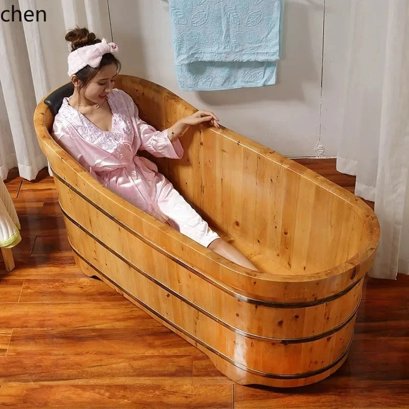 PYH Retro Simple Light Luxury Solid Wood Bath Bucket Solid Wood Bathtub Adult Wooden Household Soaking Tub