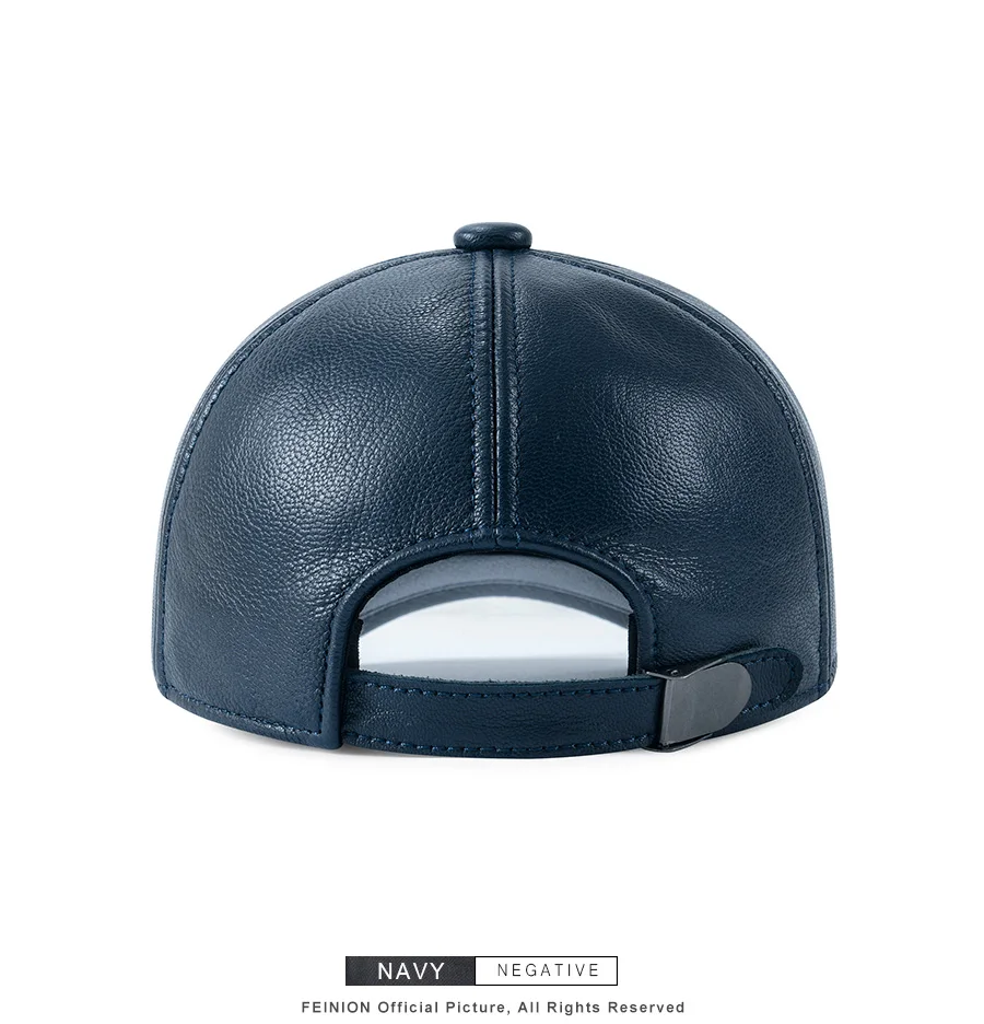 FEINION Unisex-Baseballkappe aus echtem Leder, 100 % Leder, für den Winter, strukturiert, flach, verstellbarer Rückengurt – Detail 7