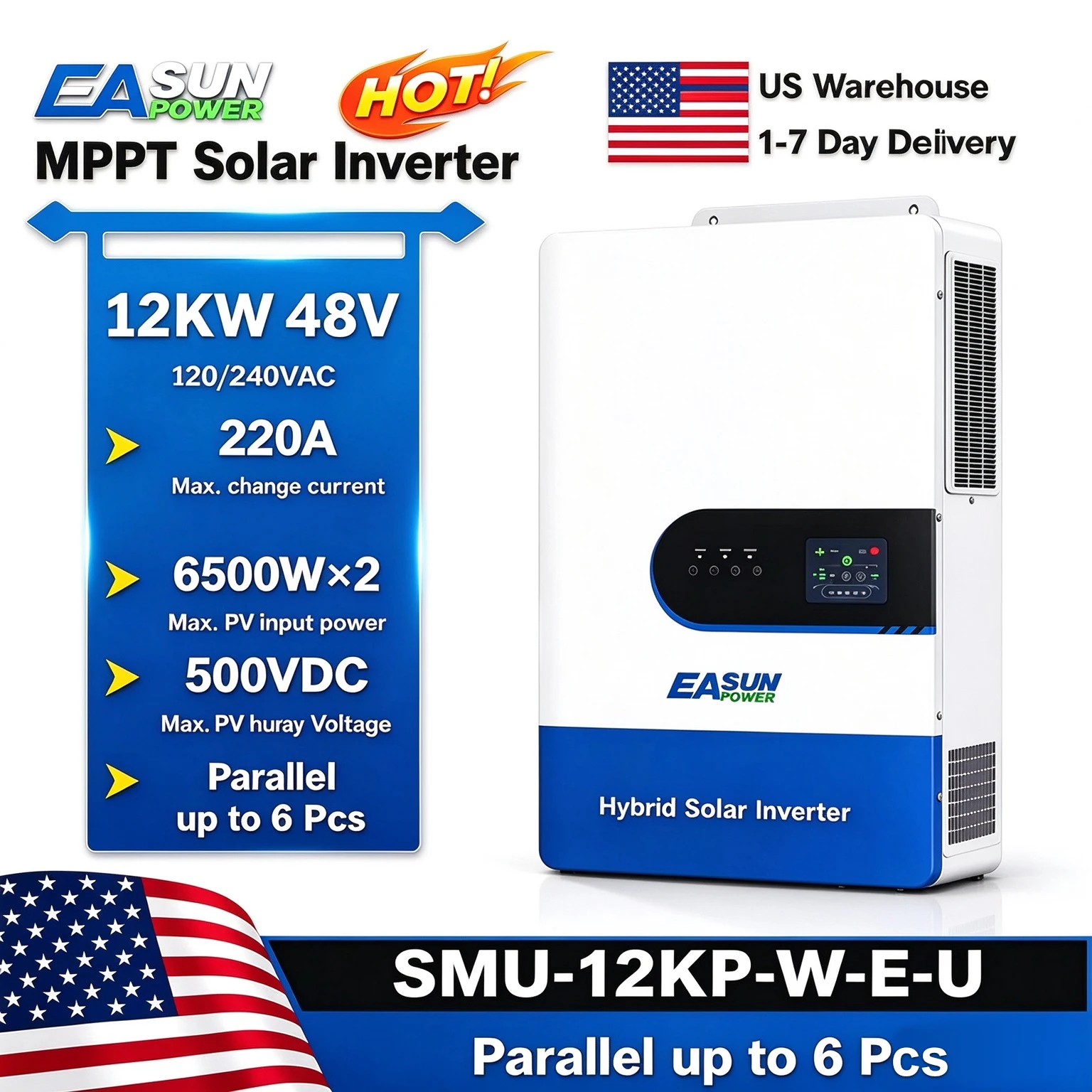 EASUN POWER 12KW 12000W Split Phase Solar Inverter Two MPPT Hybrid Solar Inverter 160A 500VDC PV Input 110VAC 48VDC Pure Sine Wave Hybrid Dual Output 120V/220V Parallel Solar Charging Control Paralleled No Duty for US
