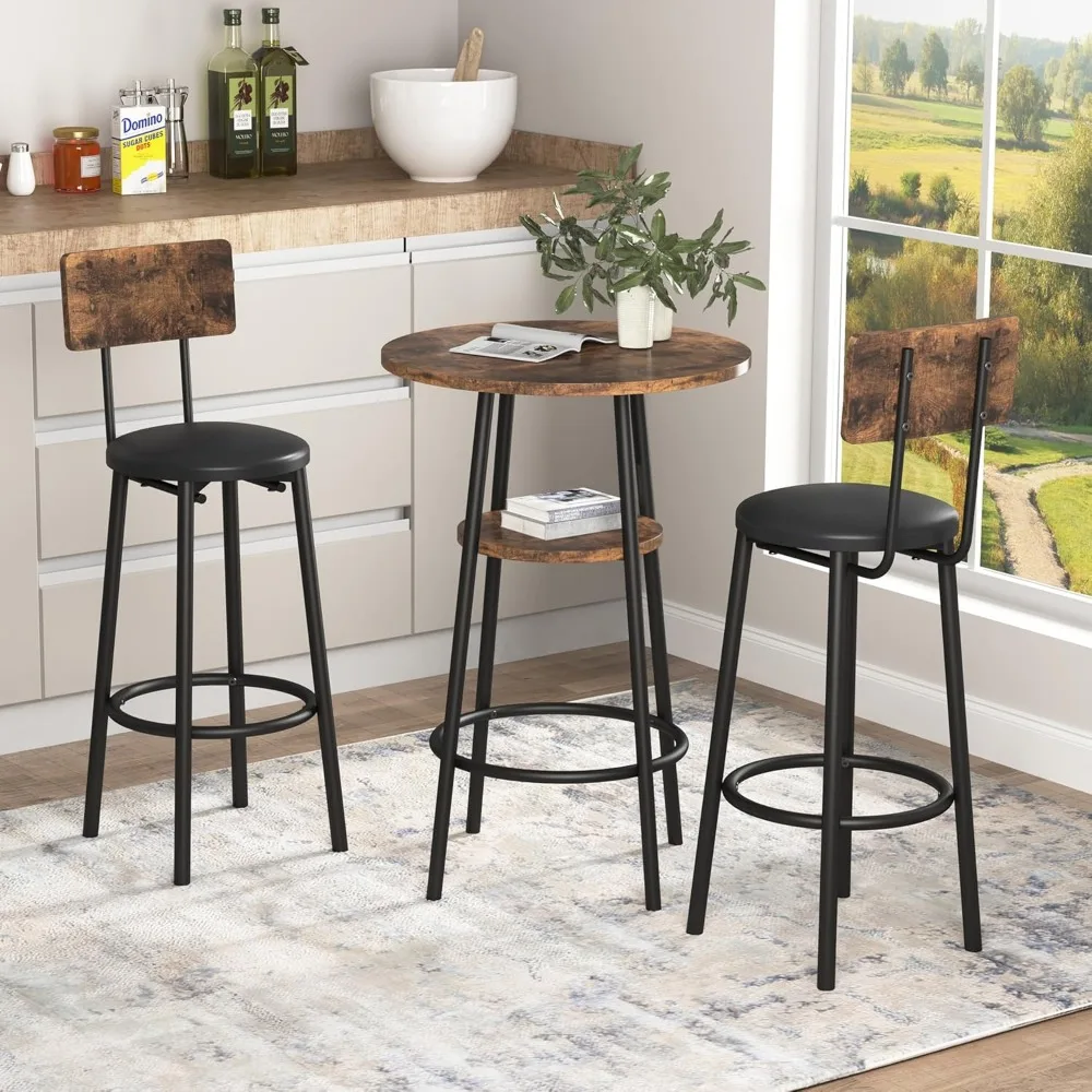 

Vibe & Dine Round Bar Table for 2, 3-Piece Small Pub Table & PU Upholstered Stools with Backrest, Modern High Top 2-Tier Bistro