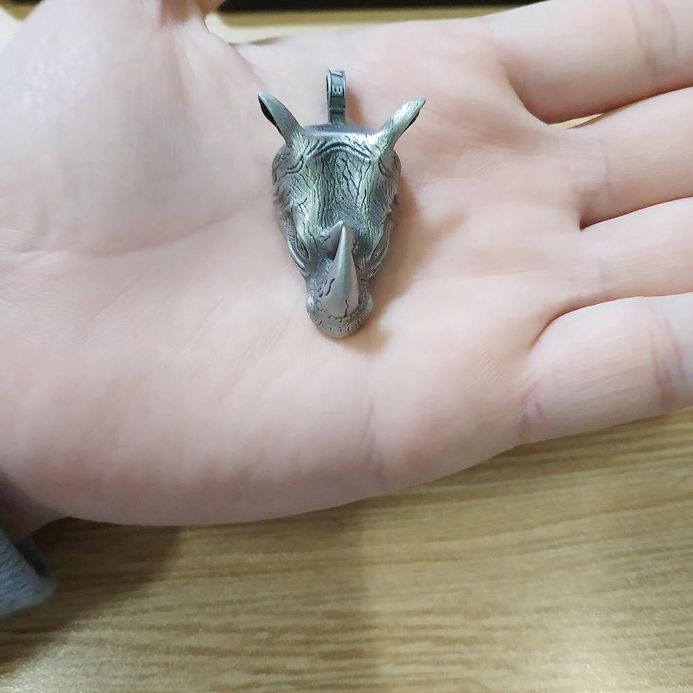 Pure Tin Wild Rhino Head Pendant Men's Domineering Retro Necklace Animal Personality With 60 Cm Titanium Steel Long Chain