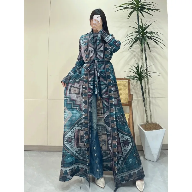 GGHK Pleated 2024 Spring Autumn New Women Large Size Trench Coat Vintage Printed Design Arab Luxury Female Abaya Long Coat