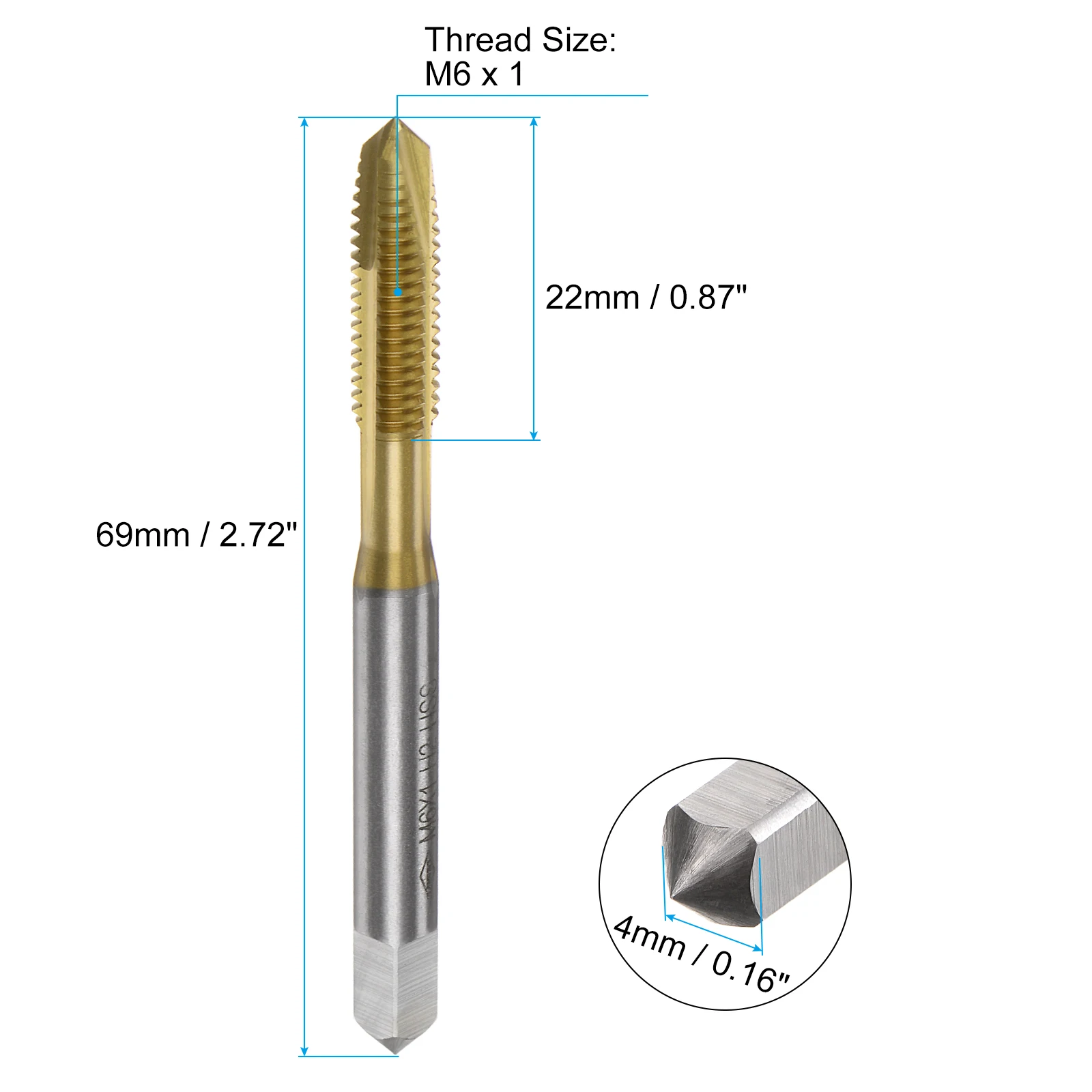 4pcs Spiral Point Tap M3 x 0.5 M4 x 0.7 M5 x 0.8 M6 x 1 Metric Thread High Speed Steel Titanium Coated Right Hand Thread Tap