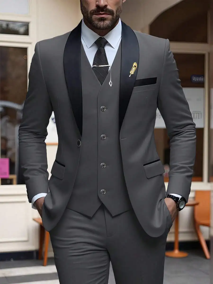 Dark Gray Mens 3 Piece Suit Fit One Button Tuxedo Men Suits Set Solid Color Wedding Classic Tuxedo Shawl Lapel Men Suits Set Aut