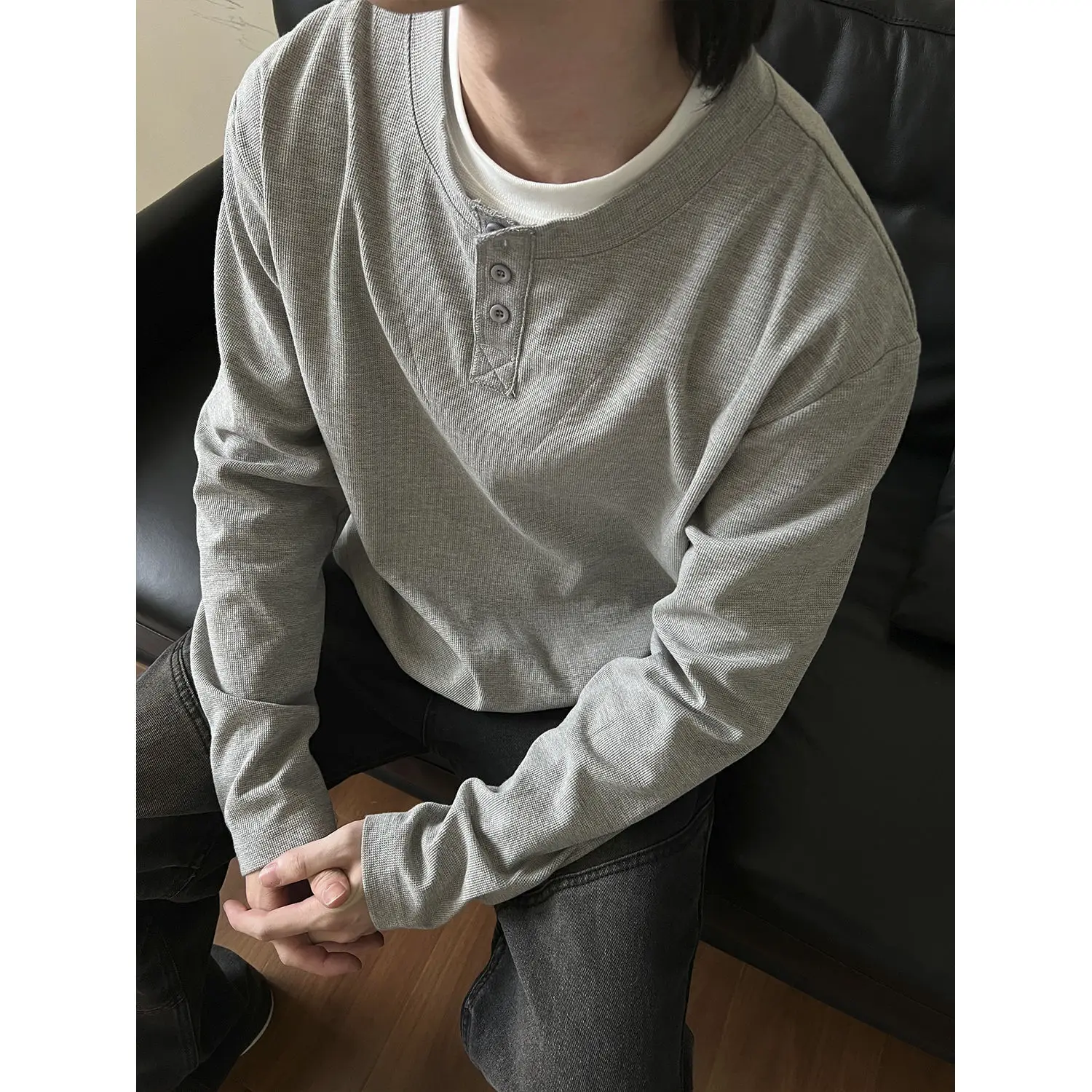 Autumn Winter Men's Fake Two Piece Sweatshirt Waffle Knit Long Sleeve Tee Niche High End Vibe