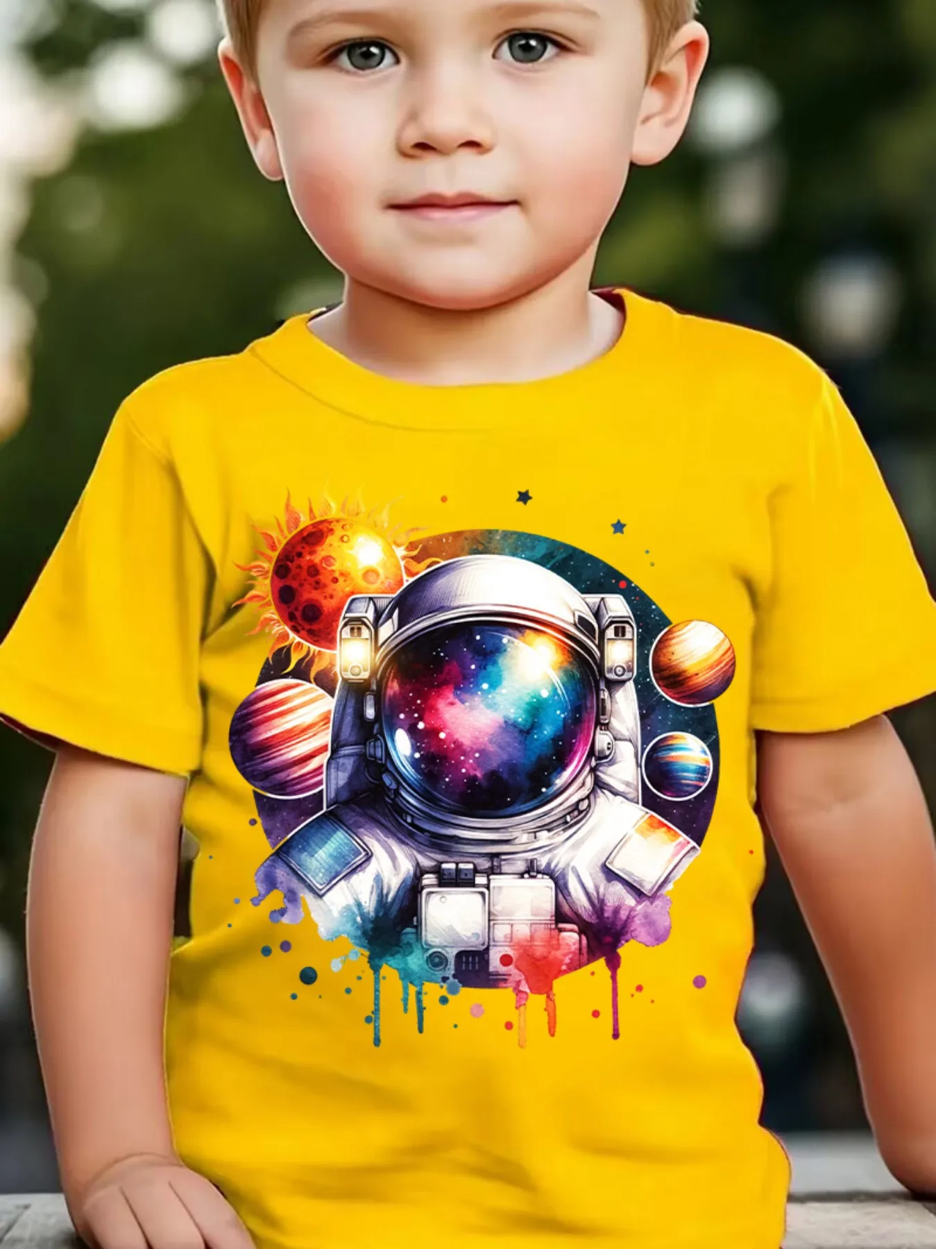 Kids Boys Girls Family Matching T Shirt Watercolor Astronaut Space Planet Print Short Sleeve Tee Casual Parent Child Daily Tops