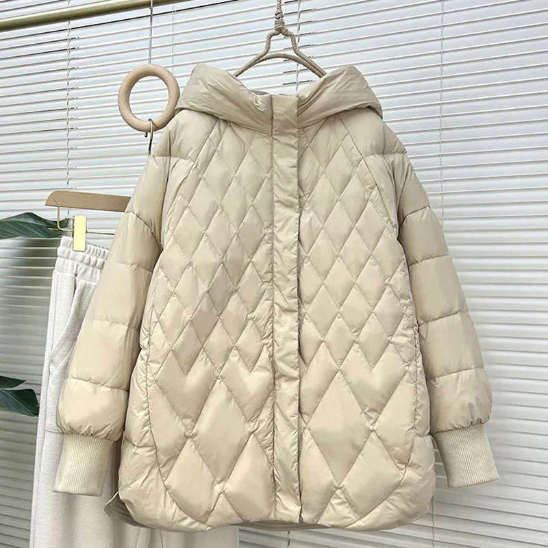 2022 Winter New Women\'s Loose Literature Art Retro Stitching Drawstring White Duck Down Down Jacket For Ladies Casual Warm Coats