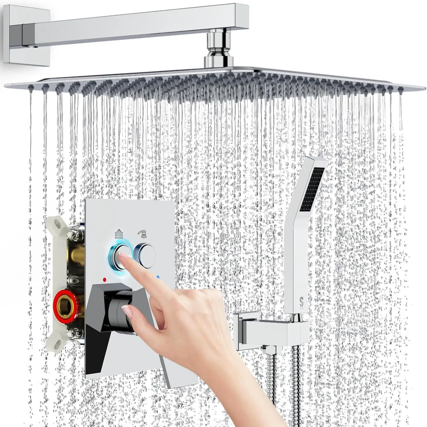 Shower System with Push Button Diverter Wall Mounted Luxury 12 Inch Rain Shower Head with Handheld Spray Polished Chrome