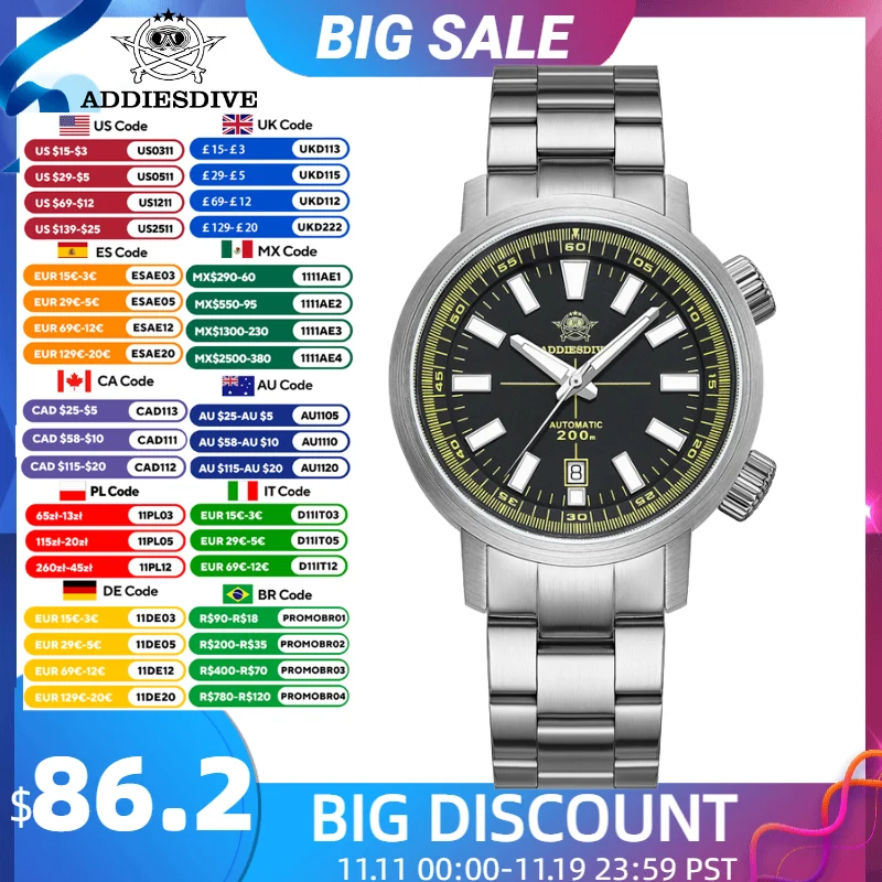 

ADDIESDIVE Men Watch Automatic Mechanical 8215 Movement Super Luminous BGW9 Sapphire Glass 200m Waterproof 42mm New Wristwatch