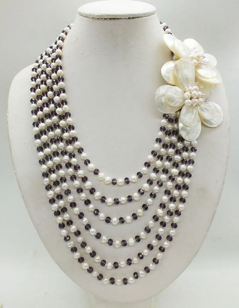 Pretty! 6 rows of natural white pearls / crystal shell flowers, classic bridal wedding necklace