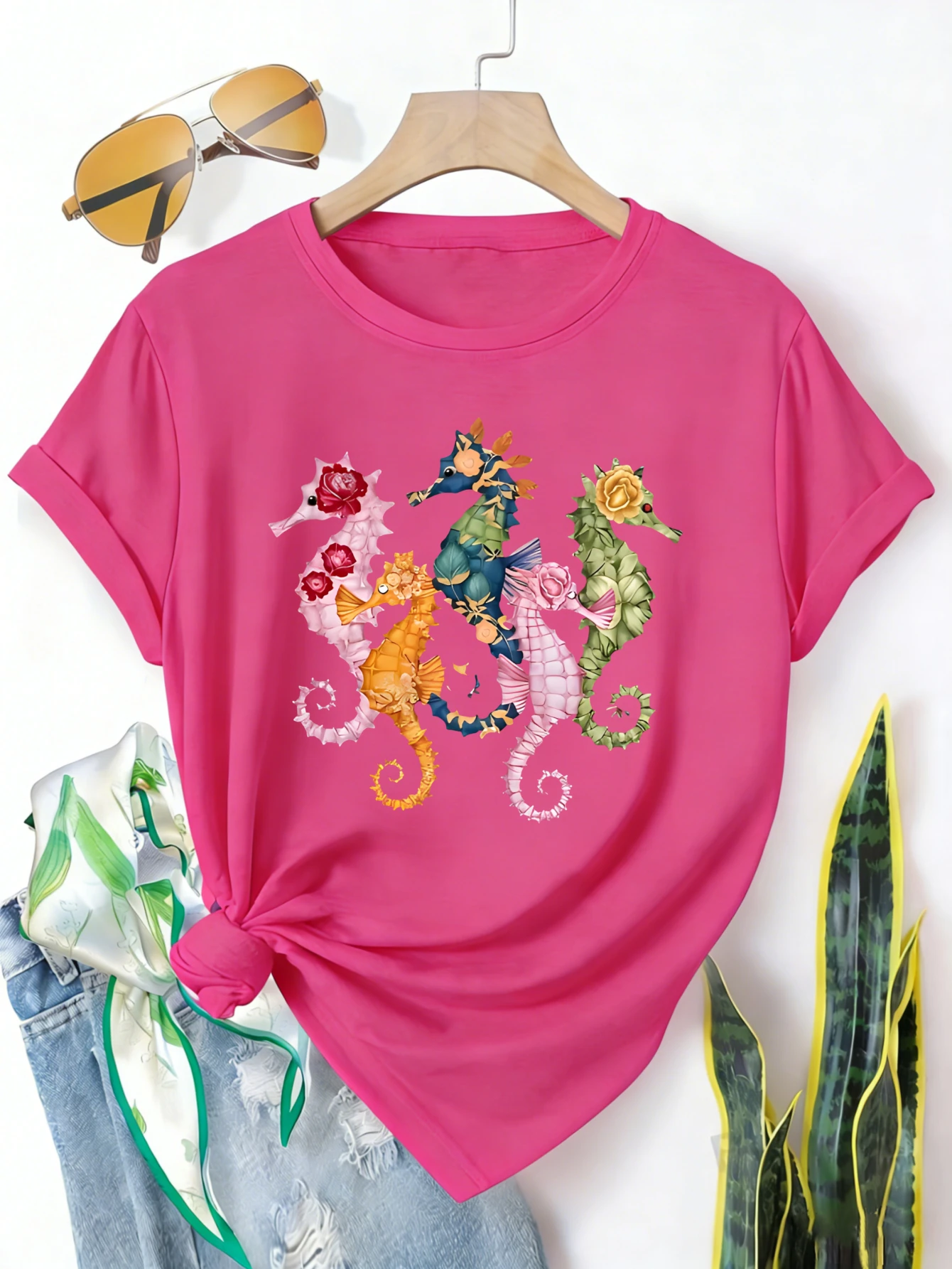 

Plus size women's short sleeve T-shirt Colorful Seahorses With Flowers Everyday comfortable and versatile style summer outfits
