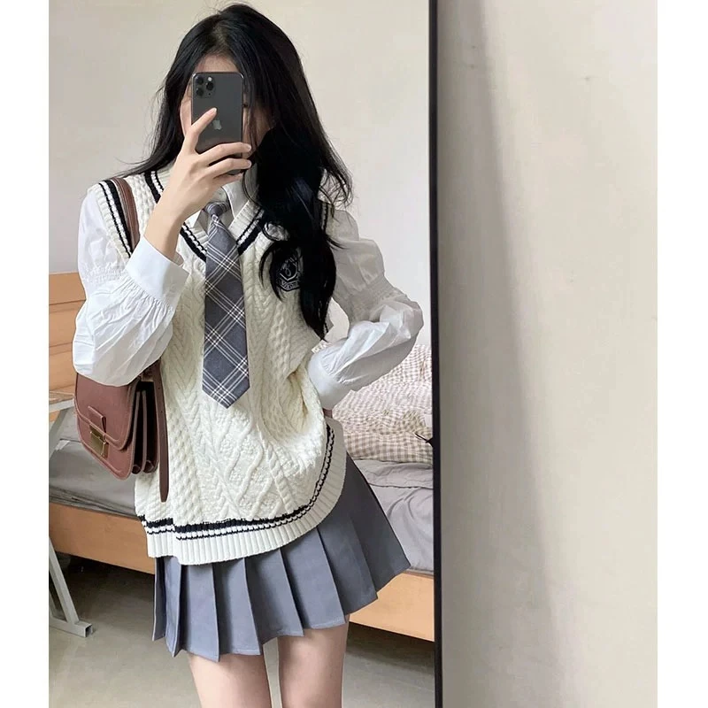 Spring Autumn V-neck Knitted Vest 4-piece Set Girls Korean Preppy Style Loose White Shirt Tie High Waist Pleated Skirt Grey Suit