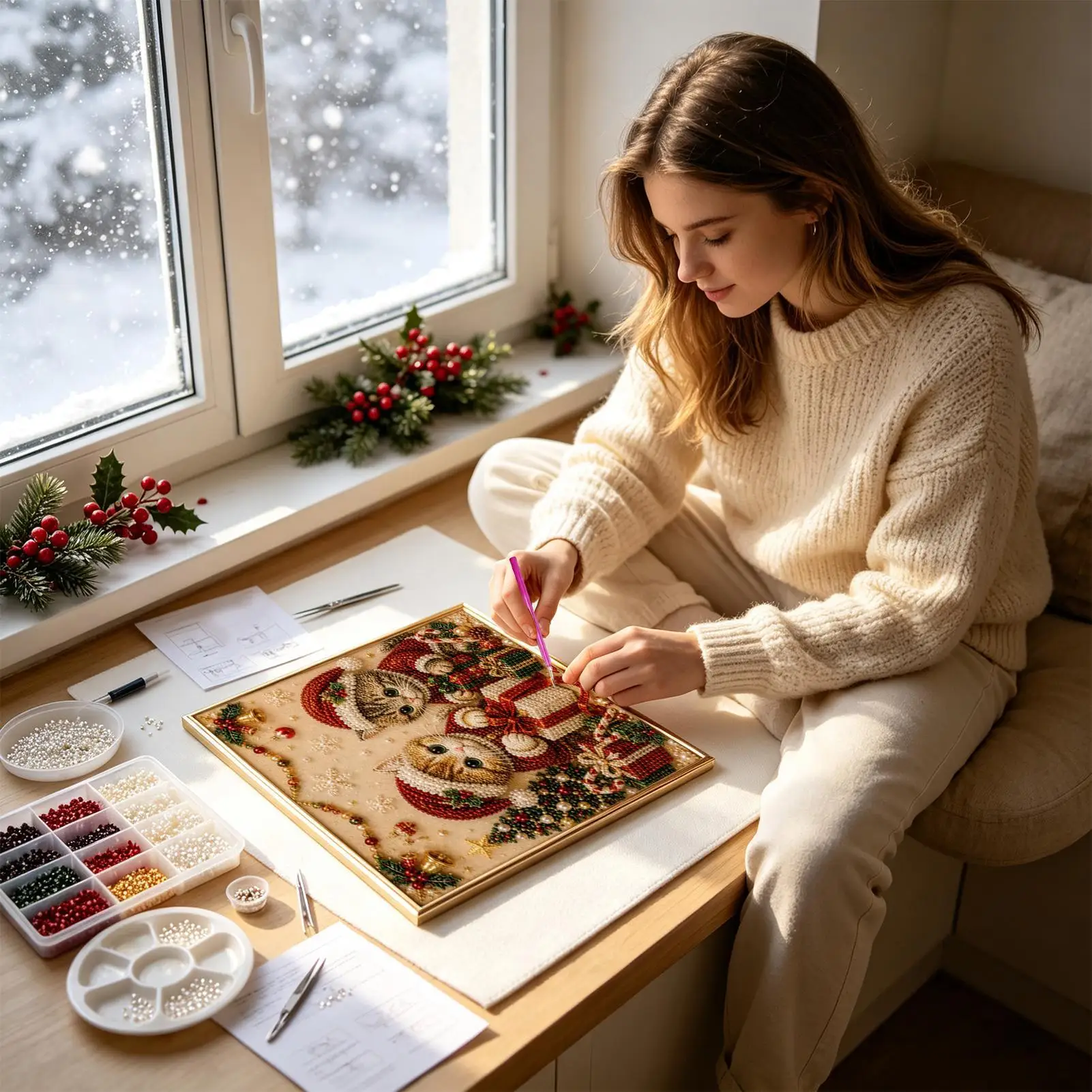Pearl Art Kits For Adults DIY Cute Christmas Seasonal Cat Beginner-Friendly Funny Animal Crafting Set Kids Adults Home Porch