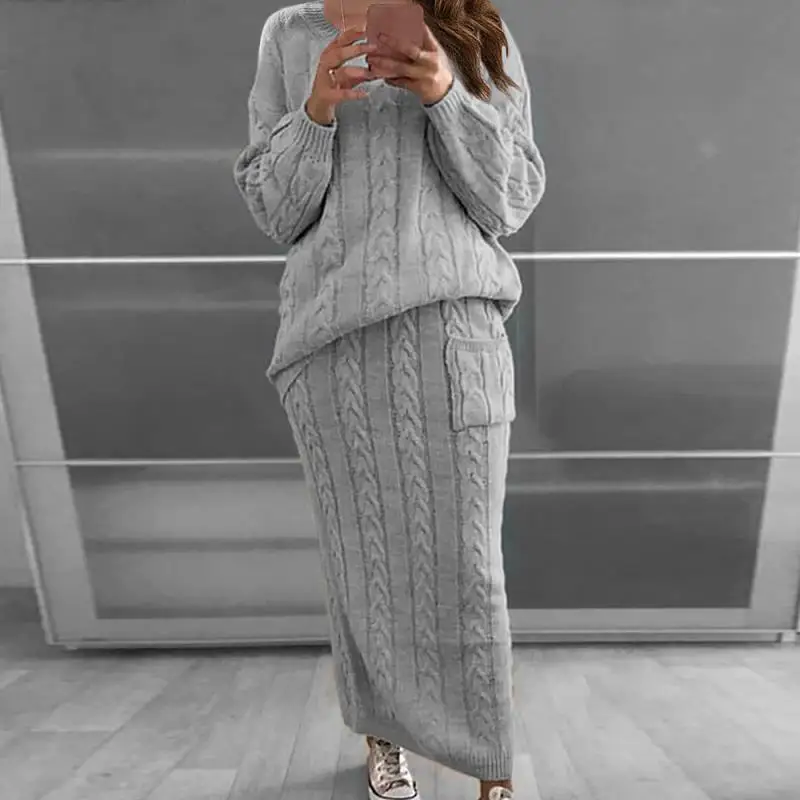 

Knitted Sweater Skirt Sets For Women Autumn Winter Fashion 2 Piece Set Cable Knit Sweaters Pullover + Skirts Casual Loose Suit
