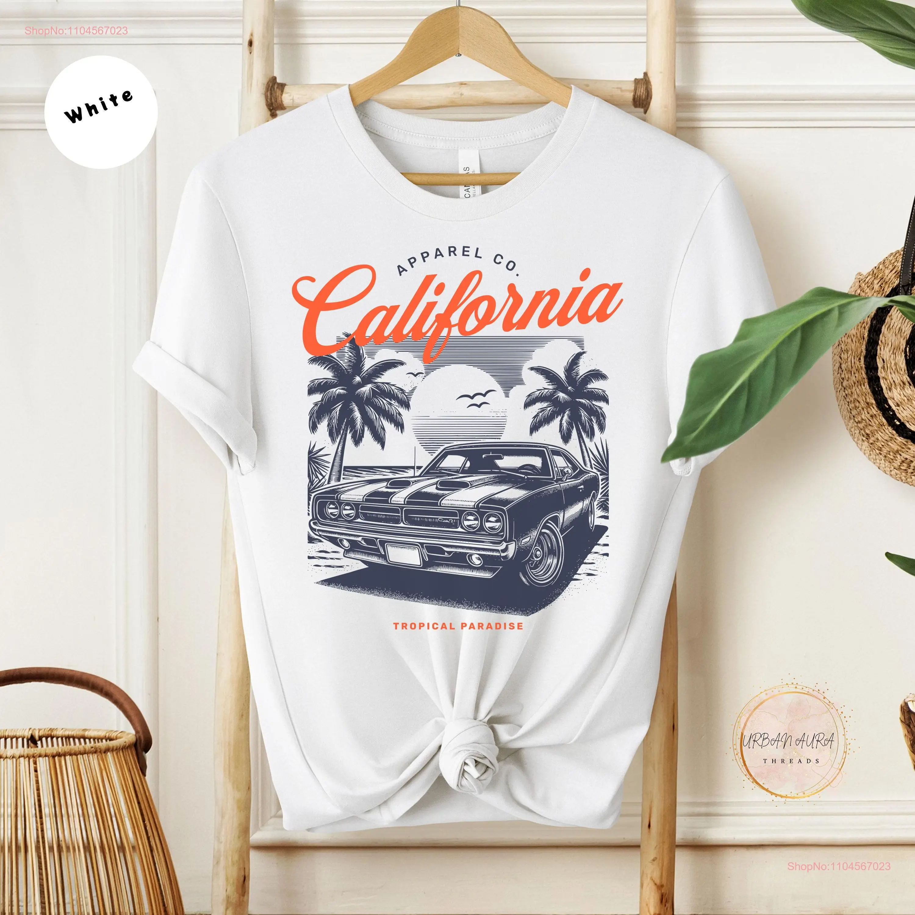 Vintage Muscle Car Retro Beach T Shirt California Tropical Paradise Theme Casual Summer and Sun Palm Trees Beachwear Travel