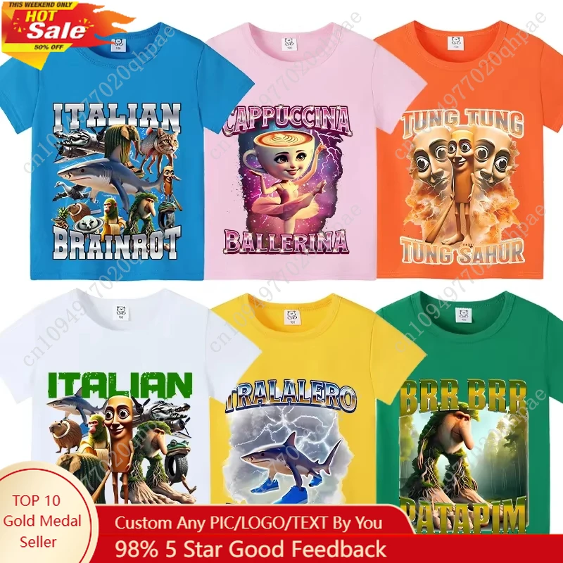

Italian Brainrot Animal Kids Cotton 100% Baby Clothing T-shirt Tung Tungtung Sahur Tops for Boy Telala Funny Shark Cute Tee