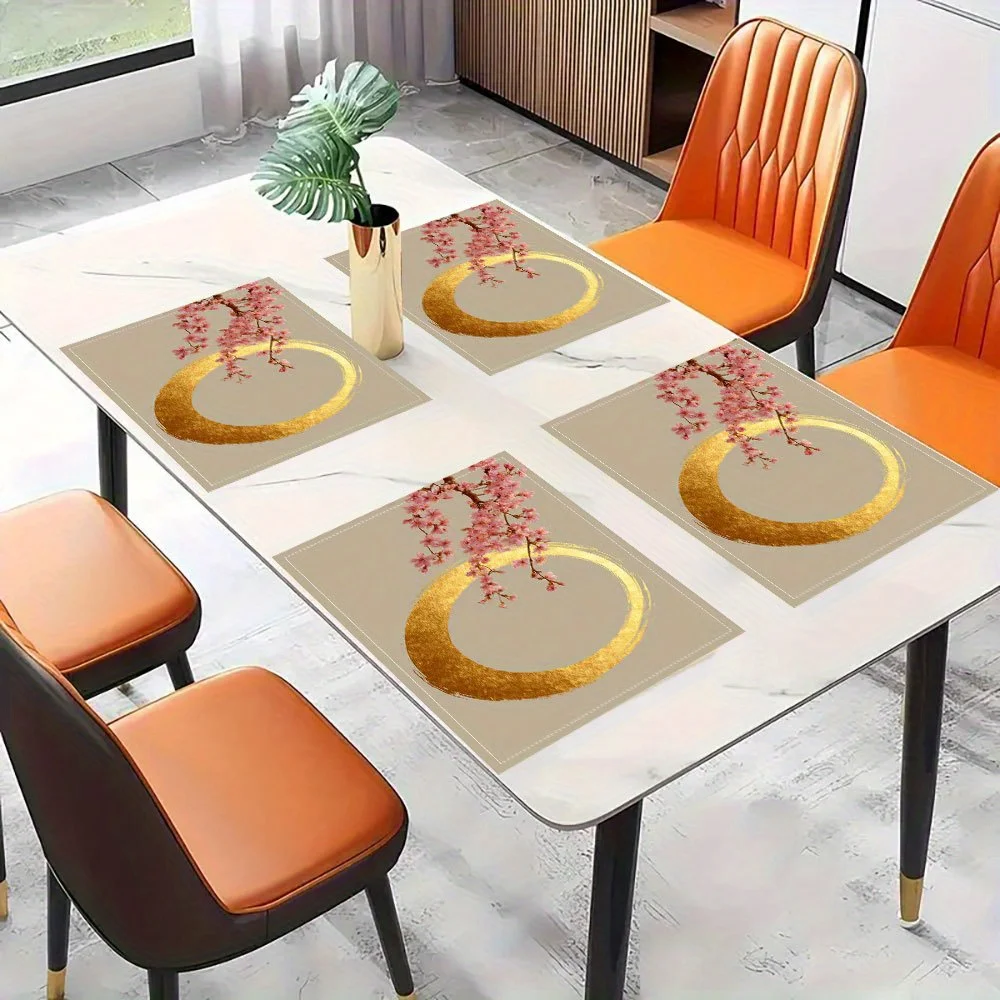 Japanese Sakura Placemats Set of 4 Oriental Table Mats with Pink Cherry Blossom and Gold Circle Design for Zen Home Decor