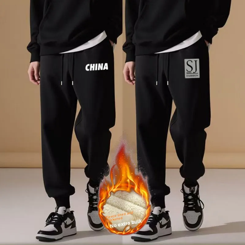 

Новые мужские утепленные джоггеры с принтом, осенне-зимние повседневные брюки, теплые универсальные свободные брюки прямого кроя, карго-брюки