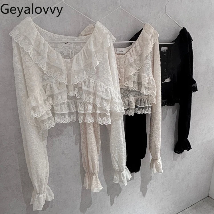 ญี่ปุ่นโปร่งใสเล็กน้อยลูกไม้ Splicing สั้นแขนยาวเสื้อสเวตเตอร์ถักด้านนอกภาษาฝรั่งเศสคําผู้หญิงฤดูใบไม้ผลิและฤดูร้อนเสื้อ