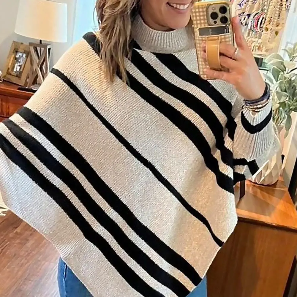 Losgebreide trui met vleermuismouwen, halfhoge kraag en sjaalkraag, kleurblokontwerp, damesmode bovenkleding