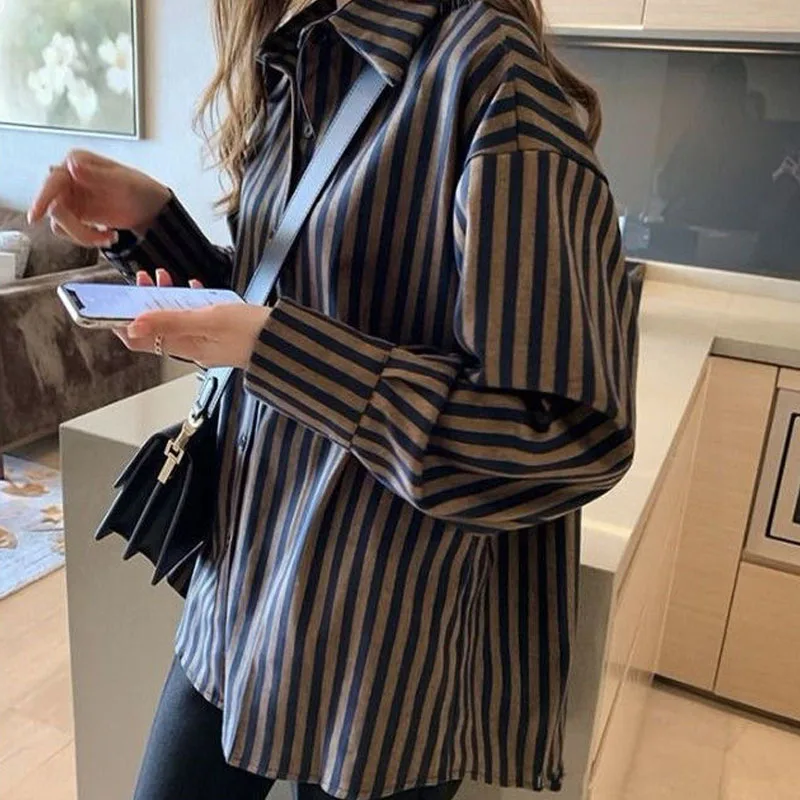 Striped Vintage Turn-down Collar Shirt for Female Fashion Spring Autumn Casual All-match Long Sleeve Single-breasted Blouse