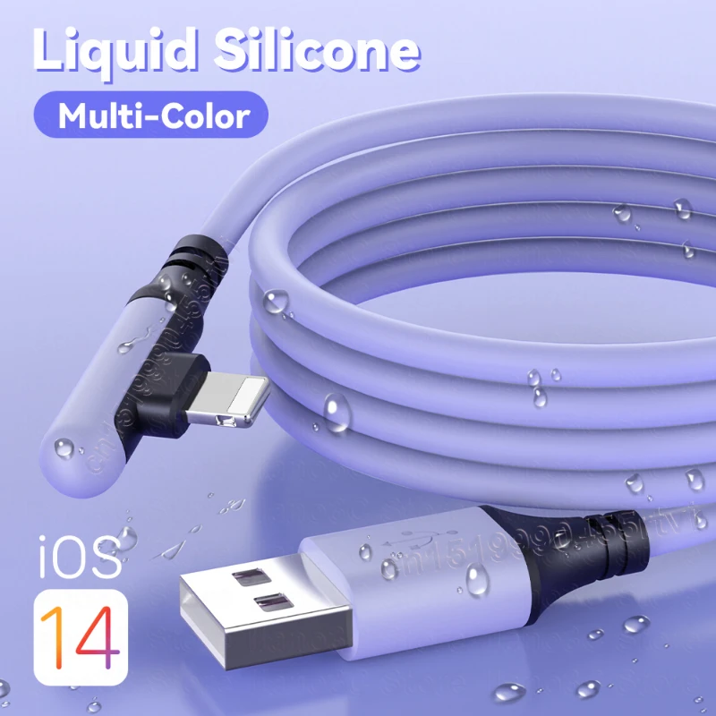 Liquid Silicone Data Cable 0.3/1.2/1.8M 90 Degree USB Cable for IPhone 13 12 11 Pro Max X XR XS 8 7 6s 5s Fast Charge Charger