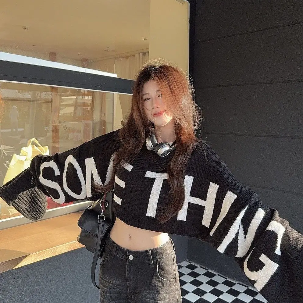 Asymmetrical Letter Jacquard Knit Top Women Long Sleeve Cropped Loose Streetwear Sweater