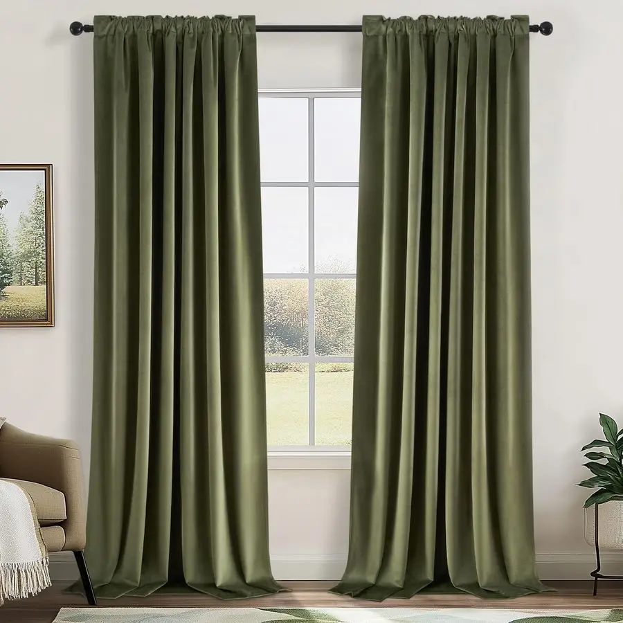 

Green Velvet Blackout Curtains 84 Inches Long, Soundproof Room Darkening Dark Green Forest Green Thermal Insulated Boho