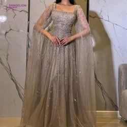 Elegant Dubai Arabic A-Line Beaded Evening Dress 2024 for Women Square Collar Cape Sleeve Long Formal Prom Weding Party Gowns