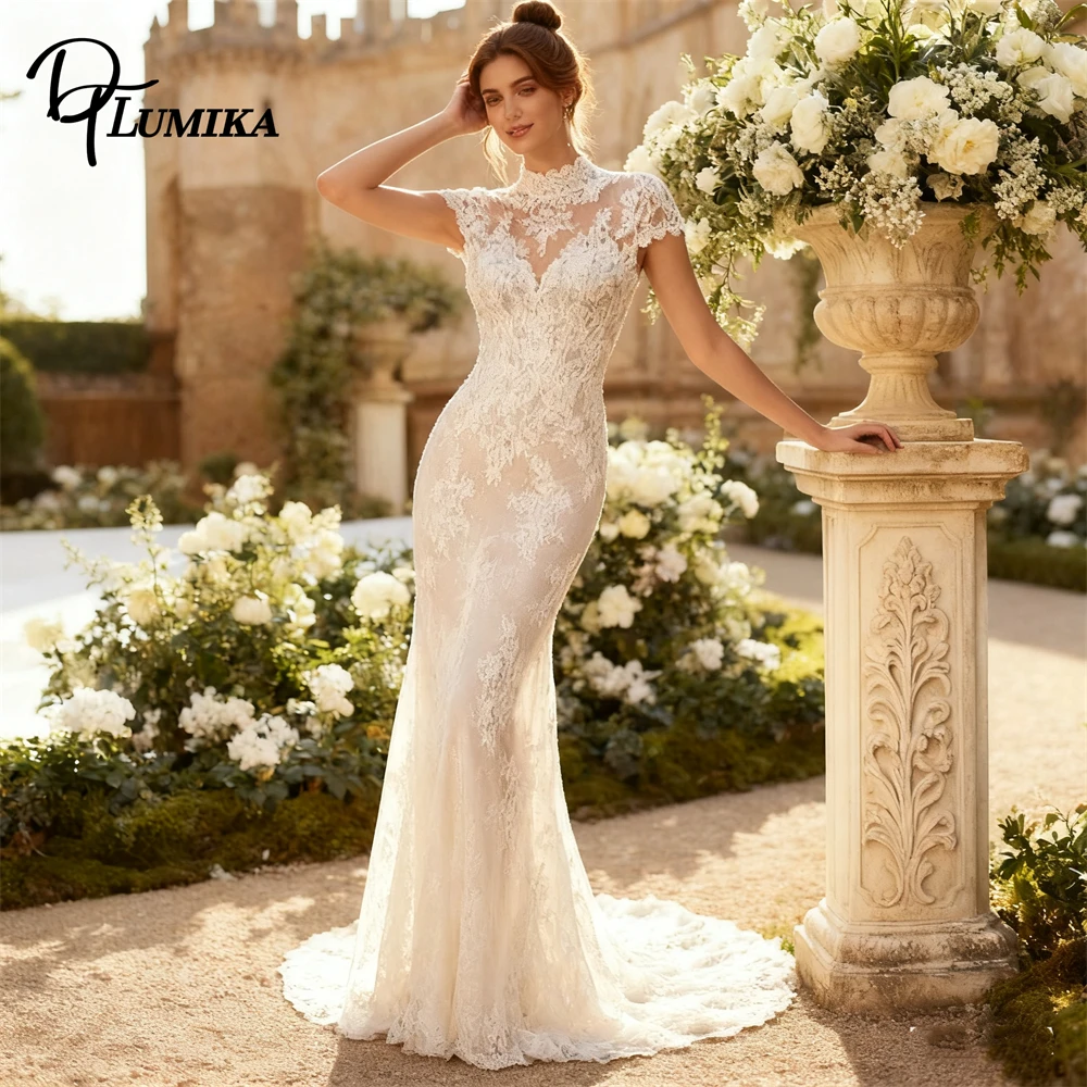 

Vintage Lace Bridal Gown High Neck Short Sleeves Women Mermaid Wedding Dresses Plus Size Customized Bride Dresses