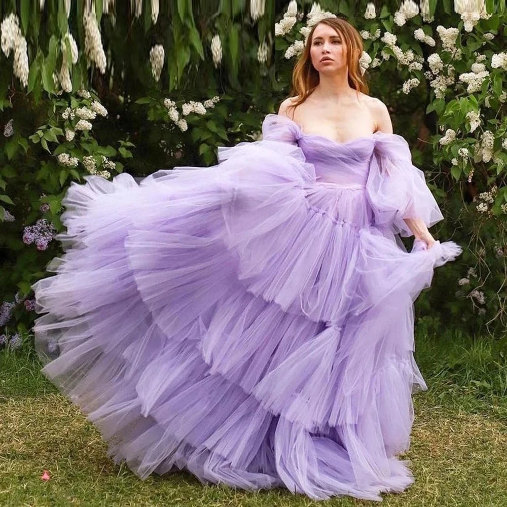 

Lavender Long Puffy Sleeves Prom Dresses Off The Shoulder Tiered Skirt Evening Gowns Lace Up Women Formal Dress Robes De Soirée