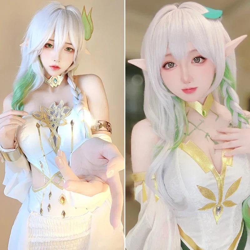 Nahida parrucca Genshin Impact Nahida Cosplay The Greater Lord Rukhadevata Genshi Impact Nahida parrucche Ear Costume di Halloween per le donne