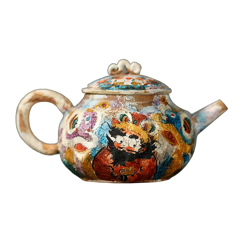 Mu Yan Pink Clay Purely Handmade By Yin Yuanyuan, Hand-Painted Lion Dance Pot, Creative Ceramic Tea Set, Single Pot