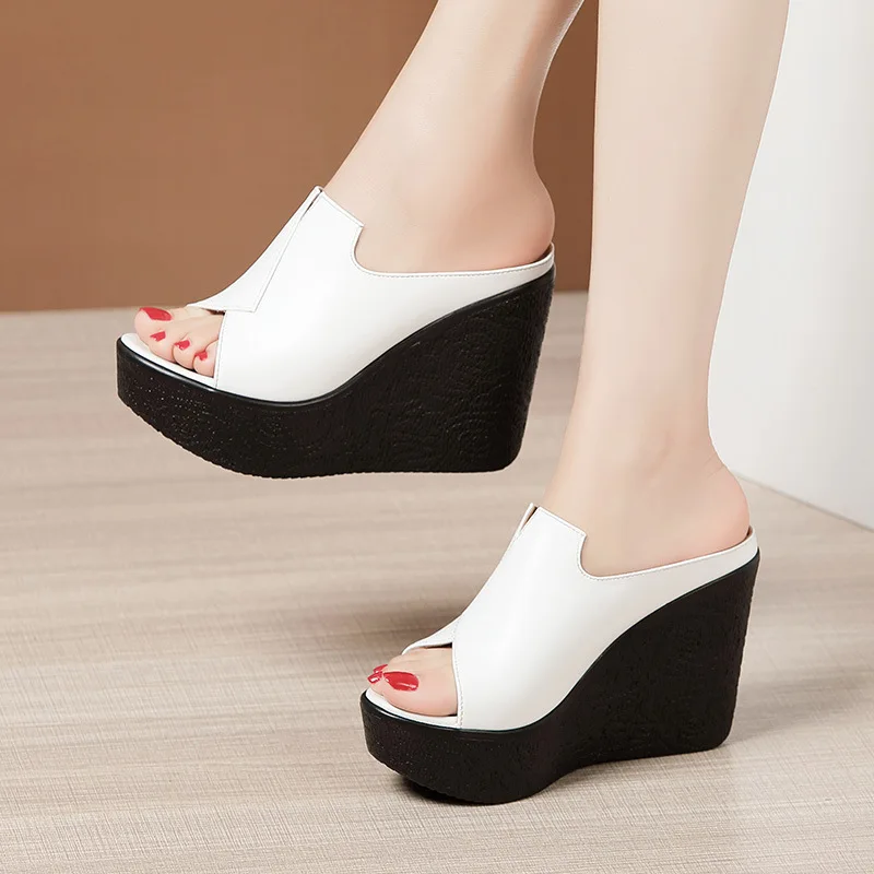 High quality summer leather wedge sandals for women 11cm high heel 2024 size 32 33 43 platform open toe elegant shoe red white