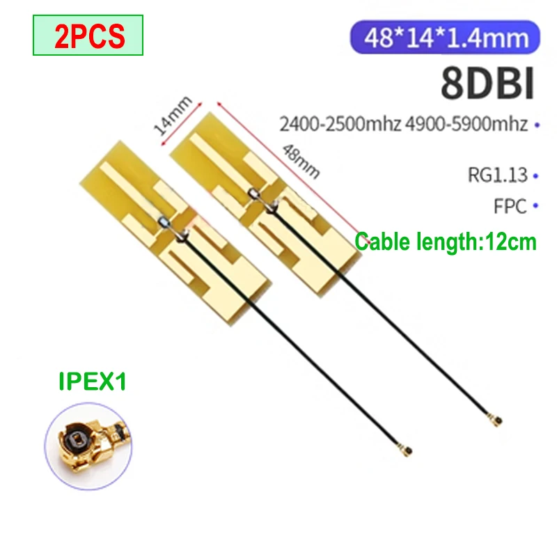 Eoth 2 peças antena wi-fi iot 5.8 ghz 2.4ghz banda dupla embutida placa macia fpc wifi bluetooth pcb antena de ganho de remendo ipex 1 4