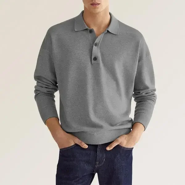 

Fall Long Sleeve V-Neck Button Men's Casual Top Polo Shirt