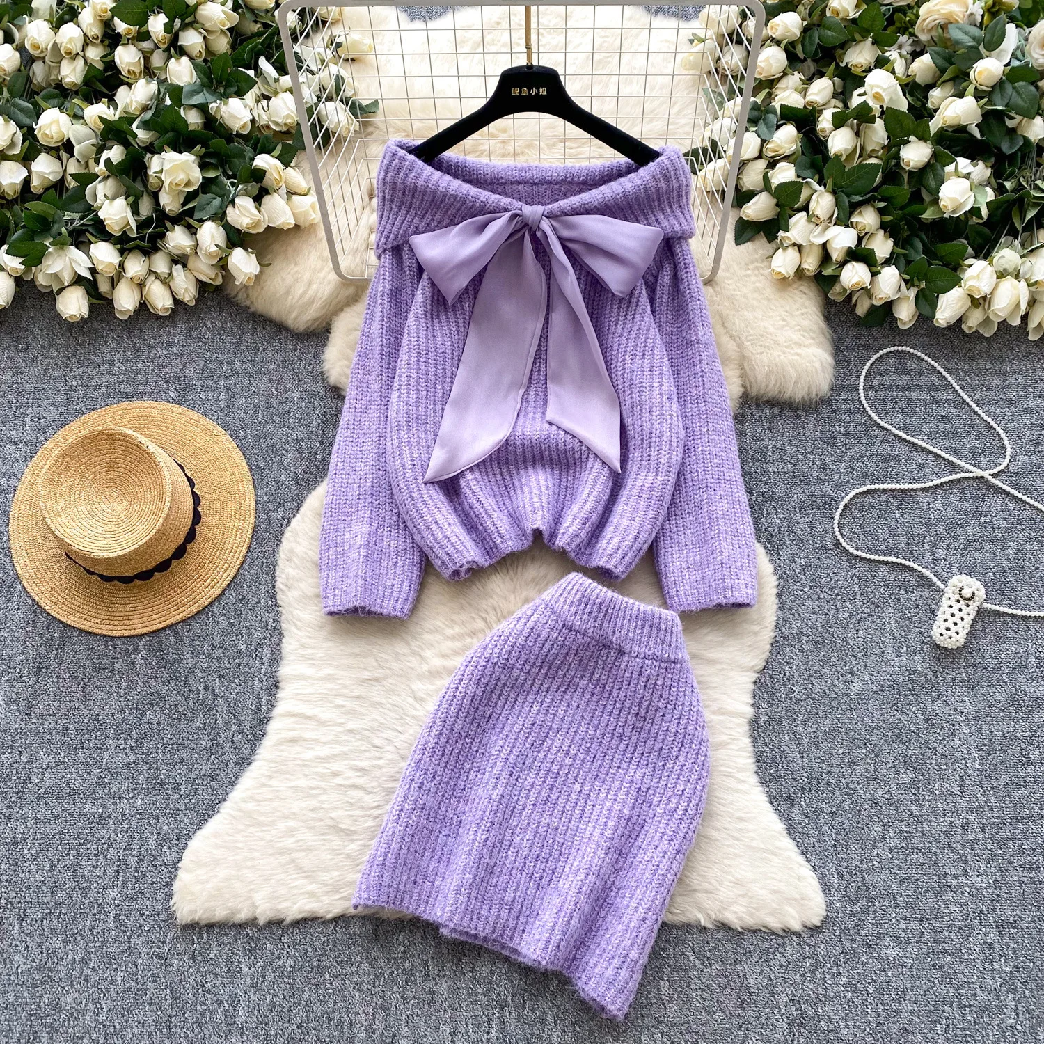 

Two Pieces Women Knitted Dress Set Solid Matching Sets Bow Pullover Sweater Mini Lenth Skirt Elegant Casual 2025 Autumn Winter