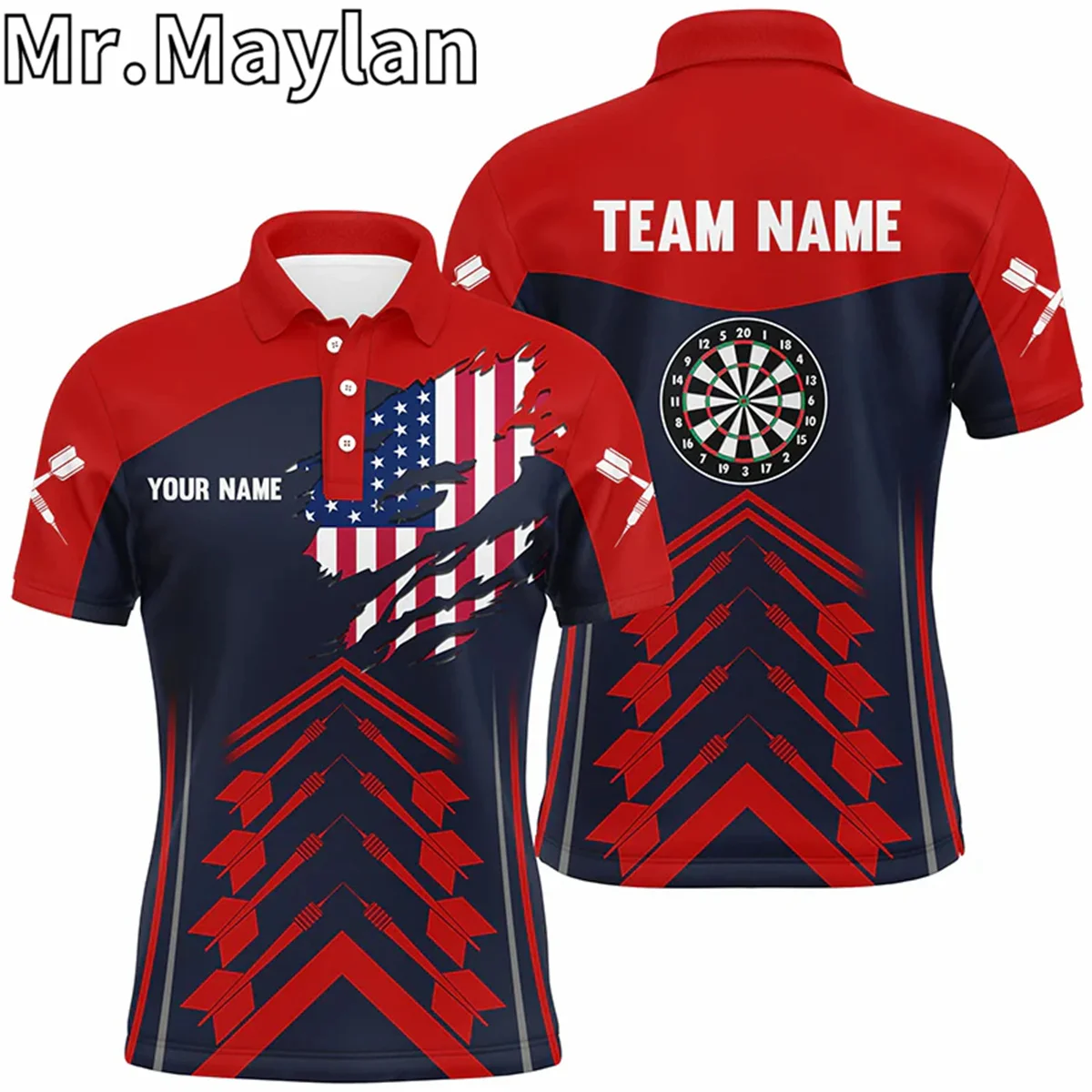 3D Navy Red Us Flag Mens Darts Polo Shirts Custom Patriotic Darts Shirt For Men Dart Jerseys Gift For Darts Lovers Unisex Tops